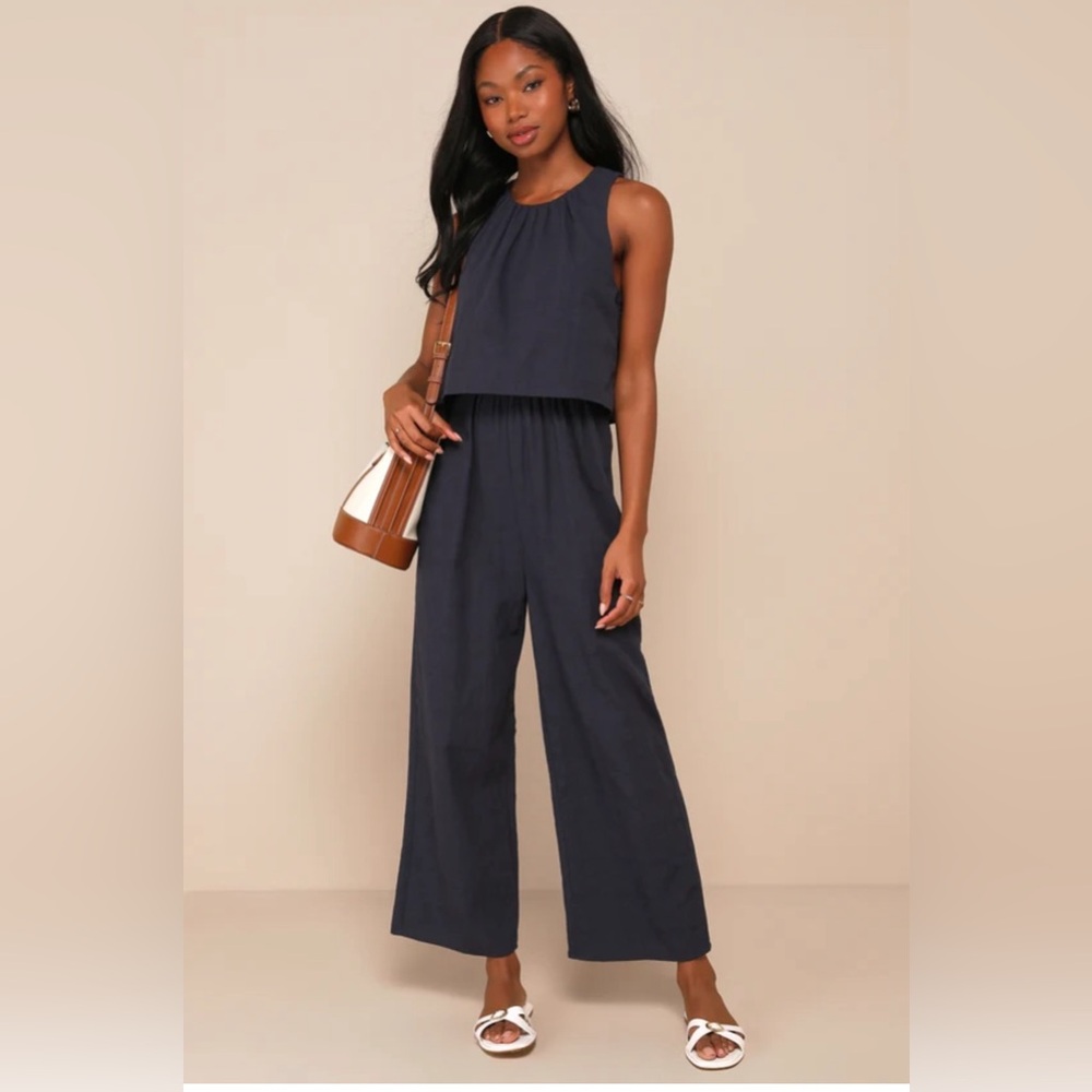 Lulus blue textured wide leg jumpsuit size M NWT